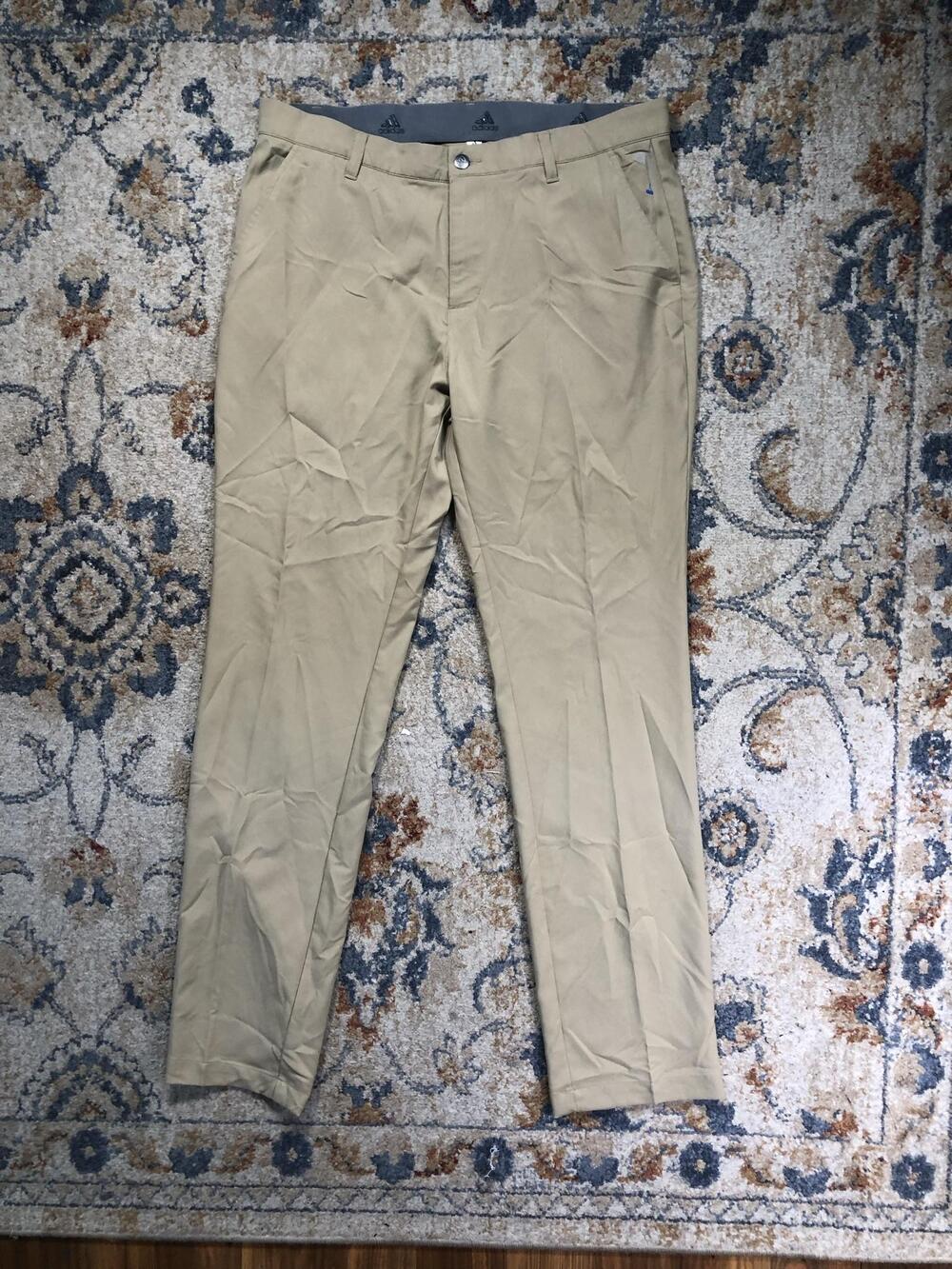 Adidas Pants Mens 36x34 Beige Golf Twill Flat Front Performance Pockets Logo